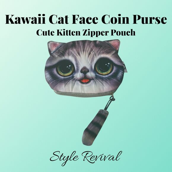Kawaii Cat Face Coin Purse Wristlet – Cute Kitten Zipper Pouch - Picture 1 of 5